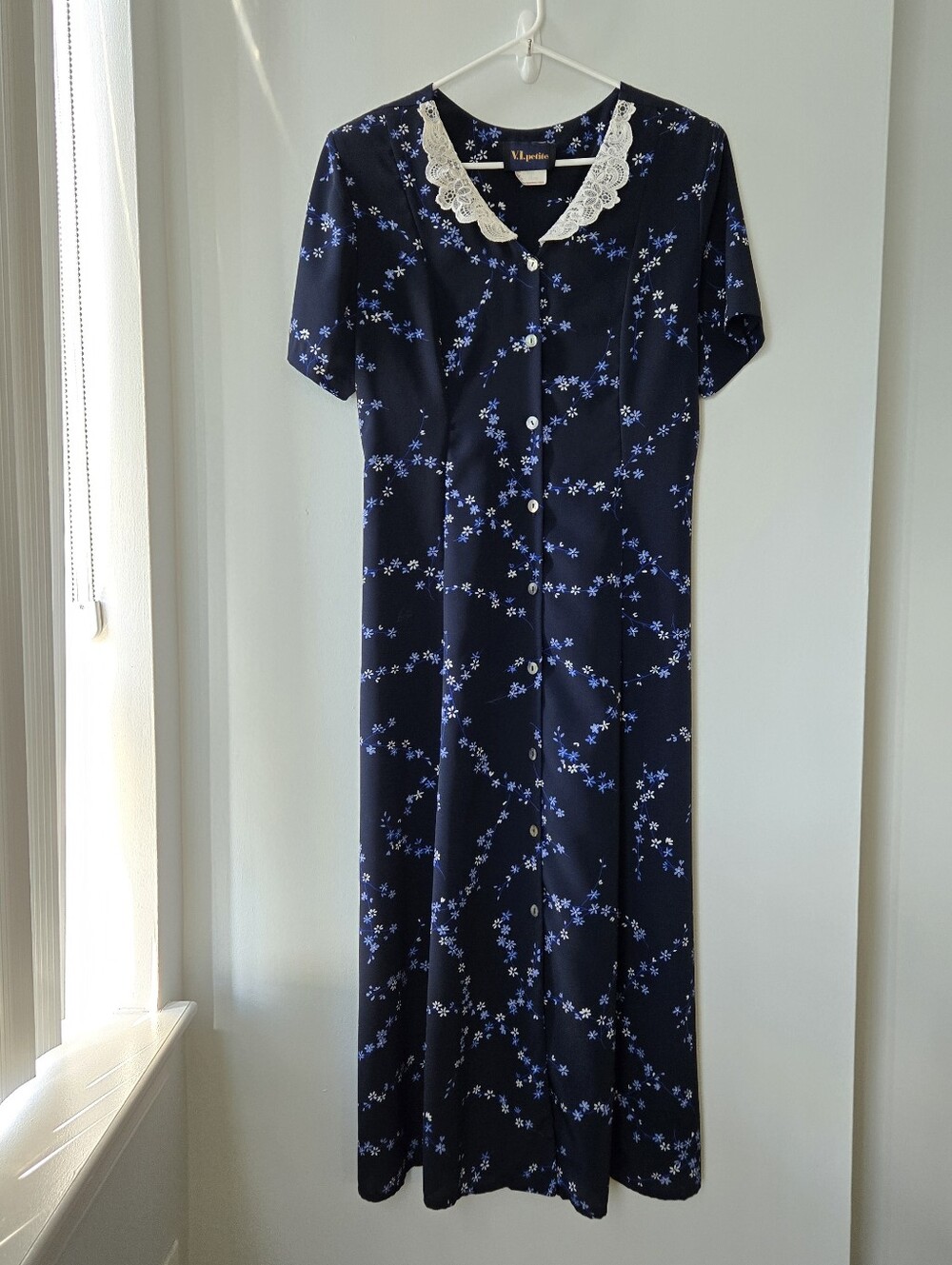 Modest Navy Floral Max Dress 16 Lace Collar Remove Shoulder Pad Adjust Waist 90s